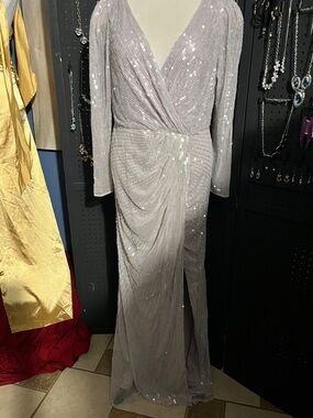 Mac Duggal Long-Sleeve Sequin Wrap Gown in Light Silver